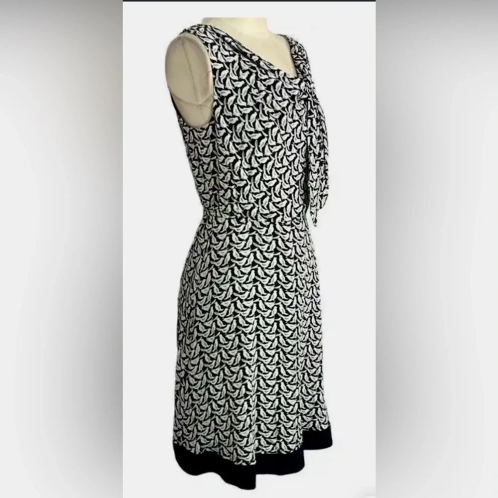 Kate Spade Sleeveless Black/White Bird Print Dress w Offset Tie Bodice